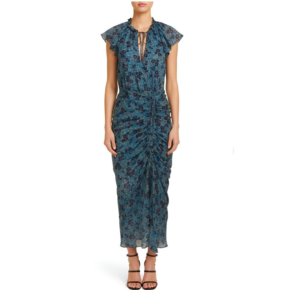 Veronica Beard 100% Silk Wrap Bodice Ruched Formal Floral Maxi Dress Teal Blue 6